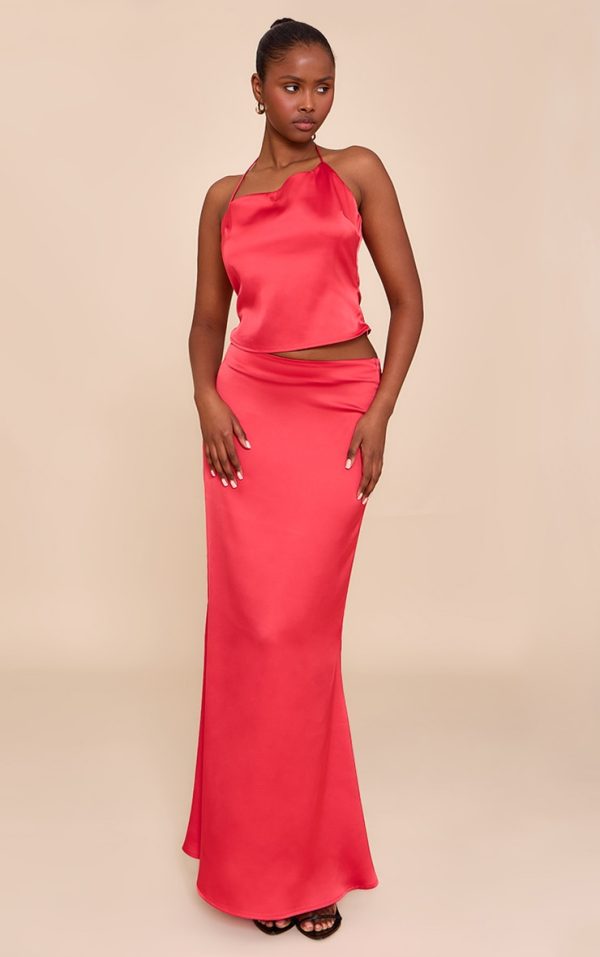 Tomato Red Satin Mid Rise Maxi Skirt