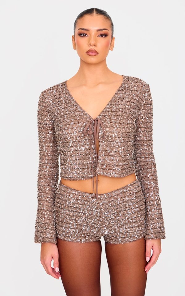 Taupe Textured Sequin Tie Top