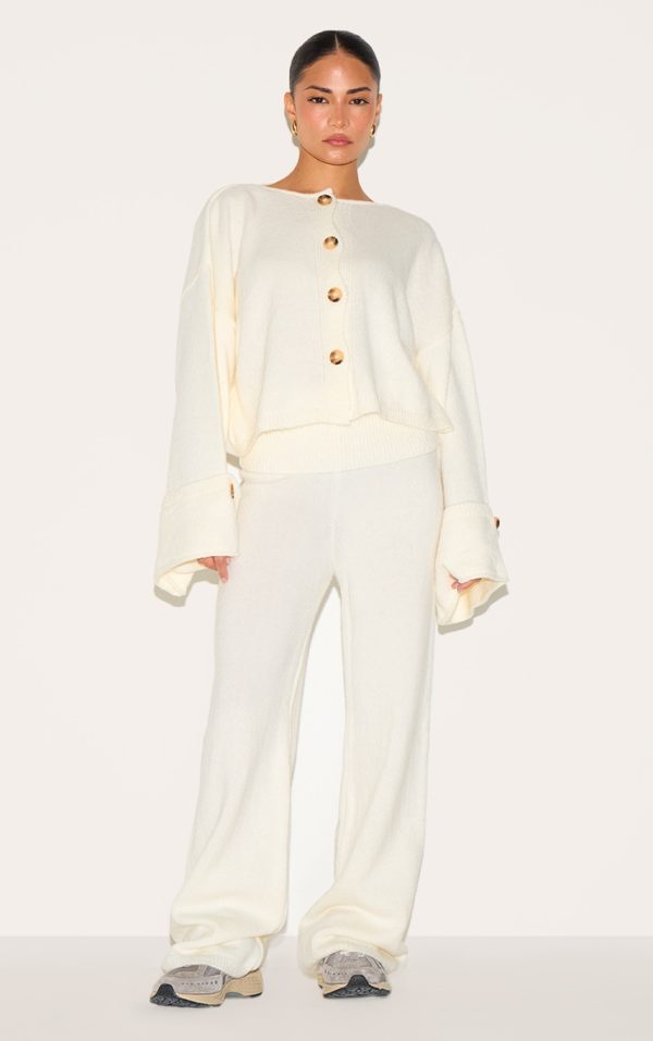 Petite Cream Knitted Fold Over Flare Pants