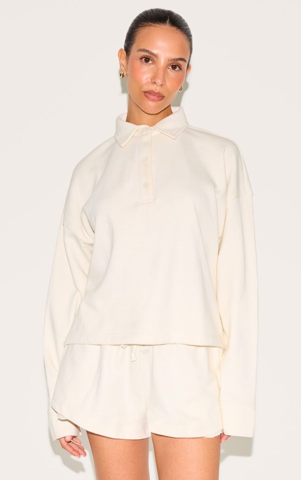 Petite Cream Loopback Oversized Polo Detail Sweatshirt