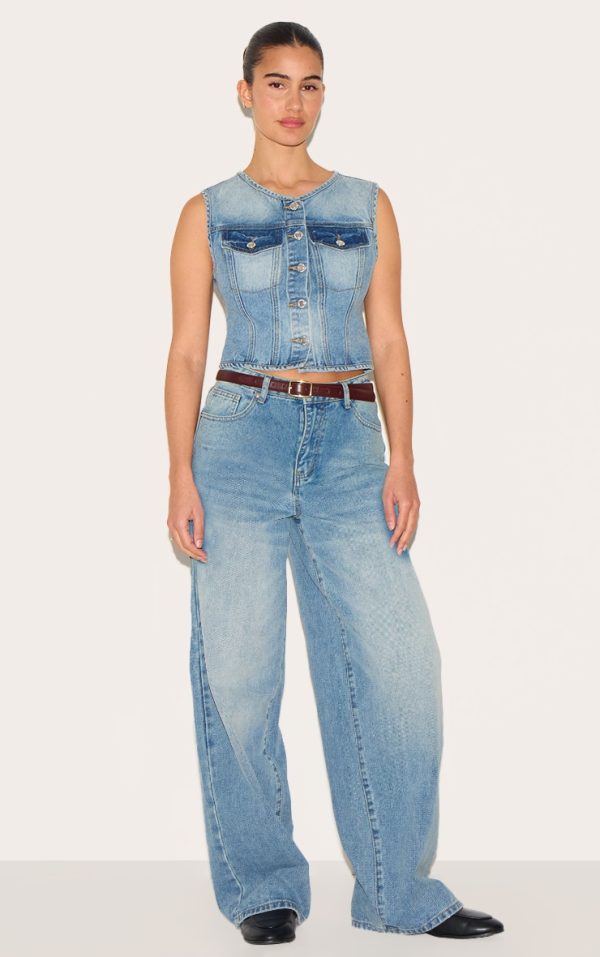 Mid Blue Wash Low Rise Wide Leg Jeans