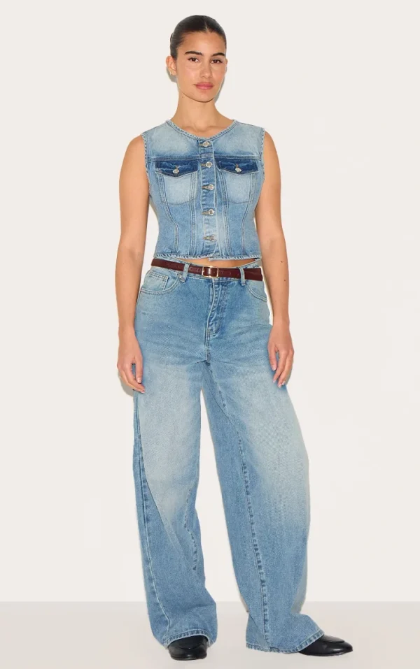 Mid Blue Wash Low Rise Wide Leg Jeans