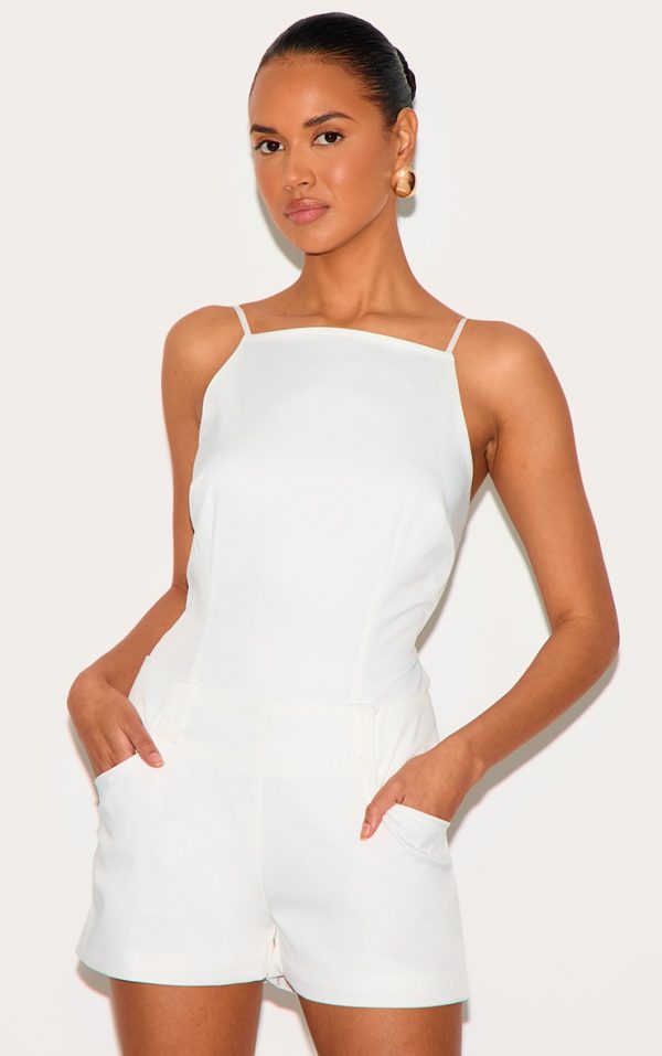 White Tailored Backless Boat Neck Romper
