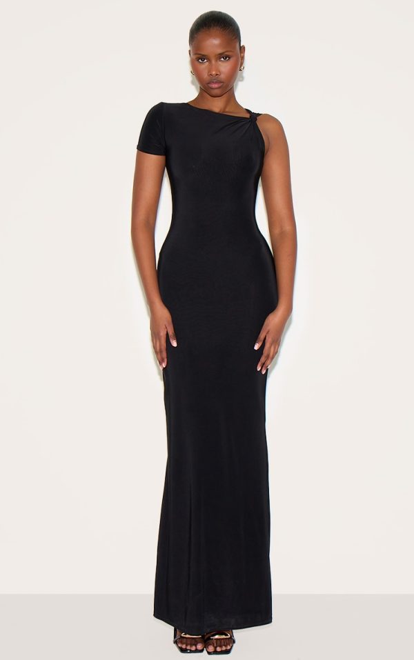 Black Double Layer Slinky Knot Shoulder Cap Sleeve Maxi Dress