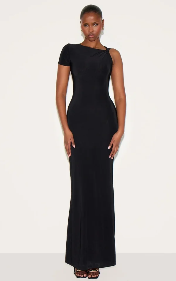 Black Double Layer Slinky Knot Shoulder Cap Sleeve Maxi Dress