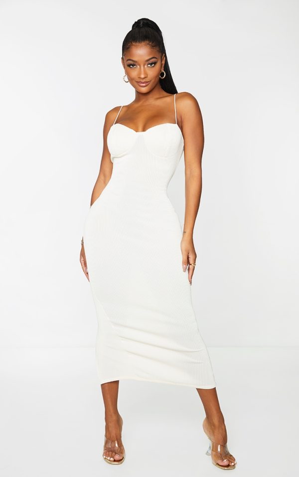 Shape Cream Plisse Strappy Cup Detail Midaxi Dress