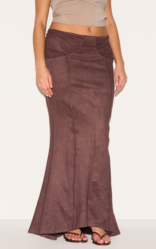 Plus Chocolate Faux Suede Ruching Waist Detail Maxi Skirt