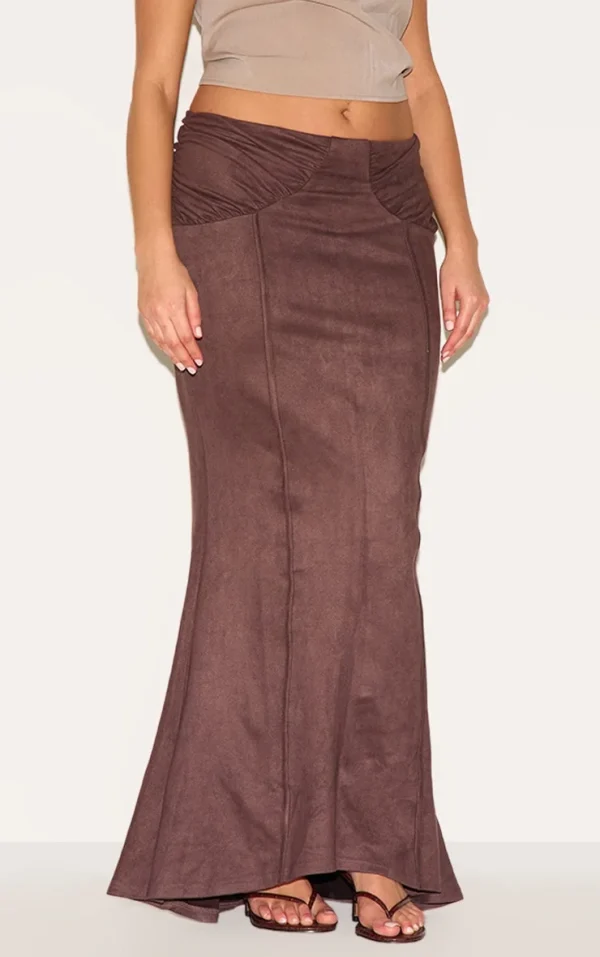 Plus Chocolate Faux Suede Ruching Waist Detail Maxi Skirt