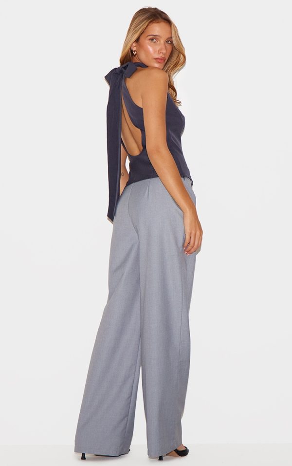 Navy Woven High Neck Tie Detail Top