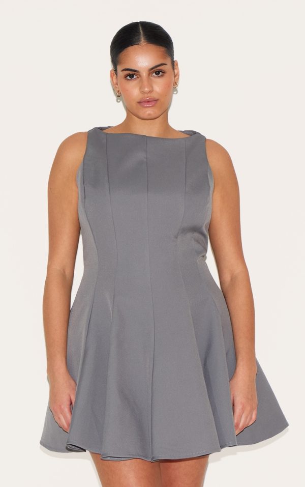 Plus Charcoal Woven Pleated Slash Neck Shift Dress