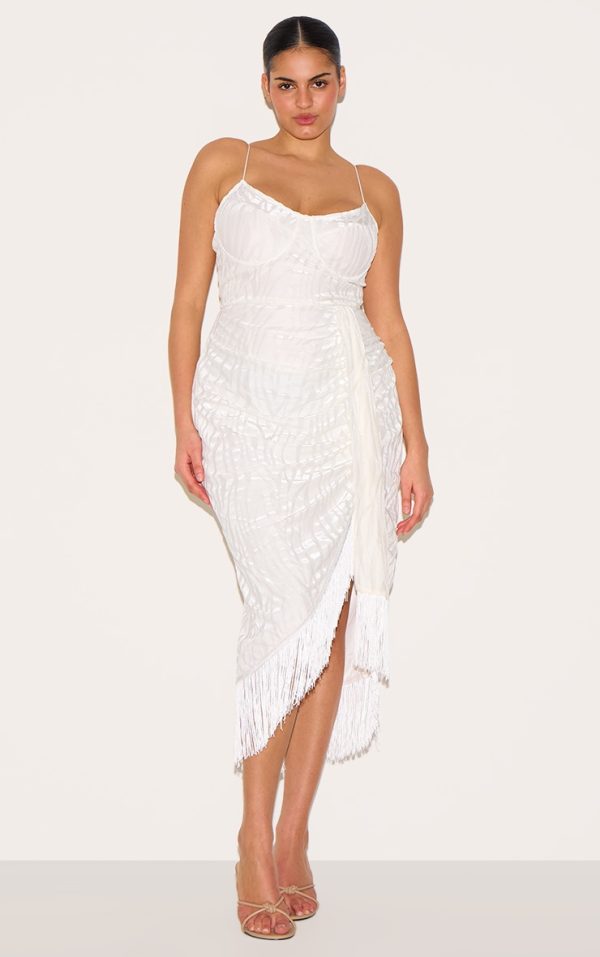 Plus White Devore Tassel Detail Underwired Draped Midi Dress