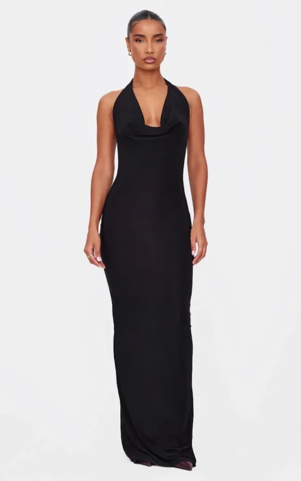Black Soft Touch Cowl Neck Twist Back Detail Maxi Dress