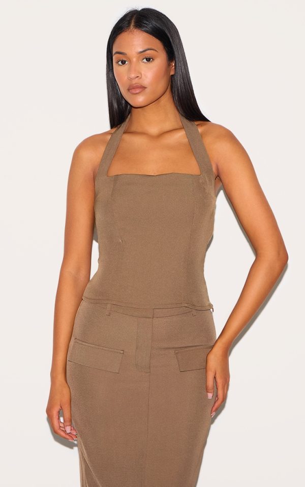 Tall Chocolate Tailored Woven Halterneck Top