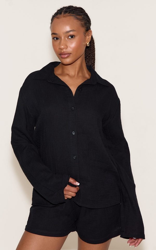 Petite Black Gauze Long Sleeve Short Pj Set