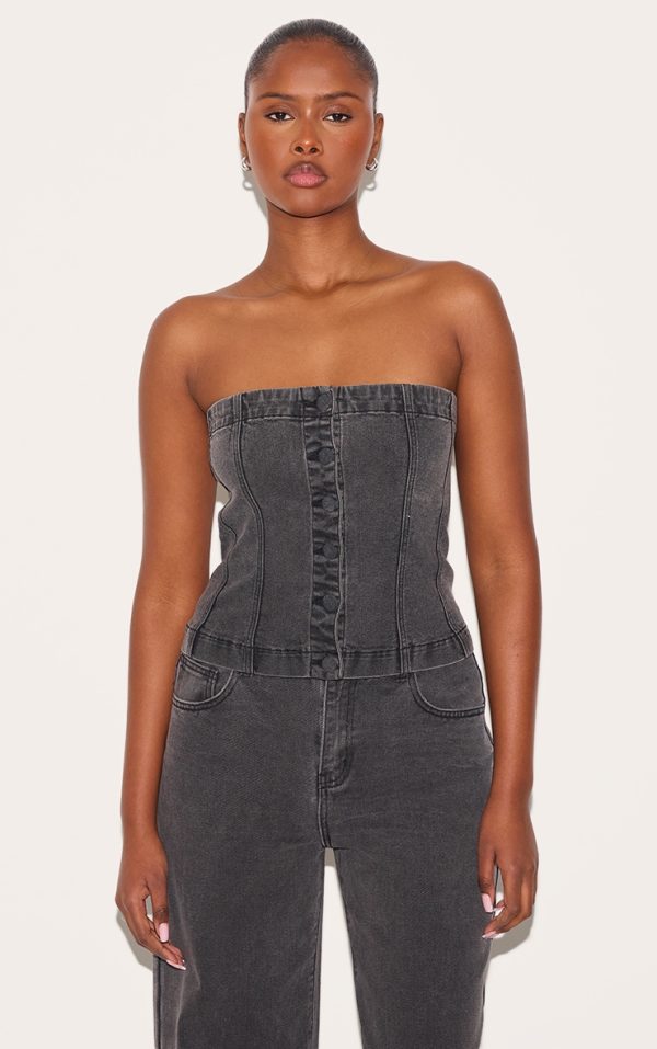 Washed Black Covered Button Longline Denim Top