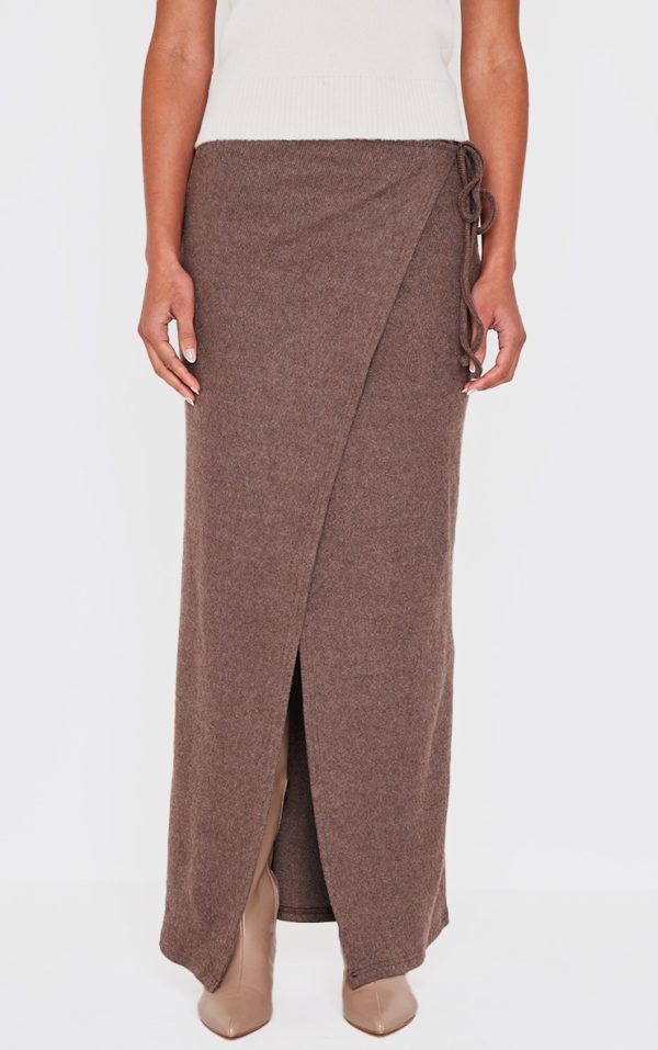 Chocolate Brown Soft Rib Wrap Front Maxi Skirt