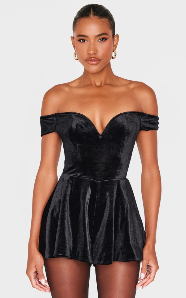 Black Velvet Bardot Sweetheart Neckline Floaty Romper