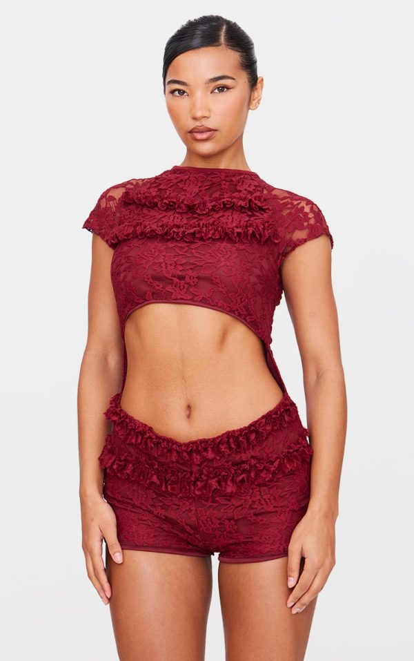 Burgundy Lace Ruffle Detail Cut Out Rara Skort Romper