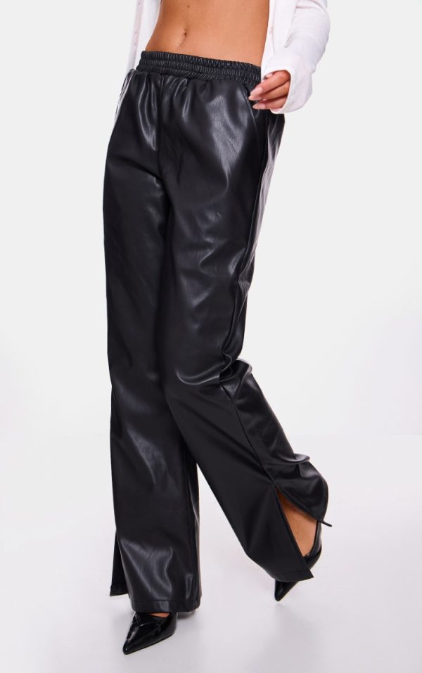 Black Faux Leather Elasticated Waist Straight Leg Pants