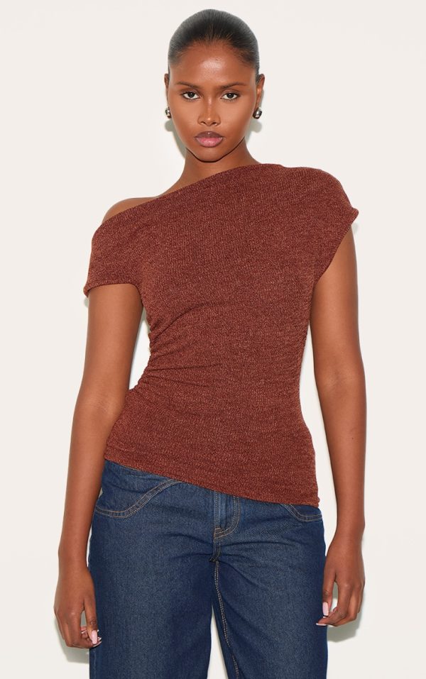 Brown Textured Ruched Asymmetric Longline Top
