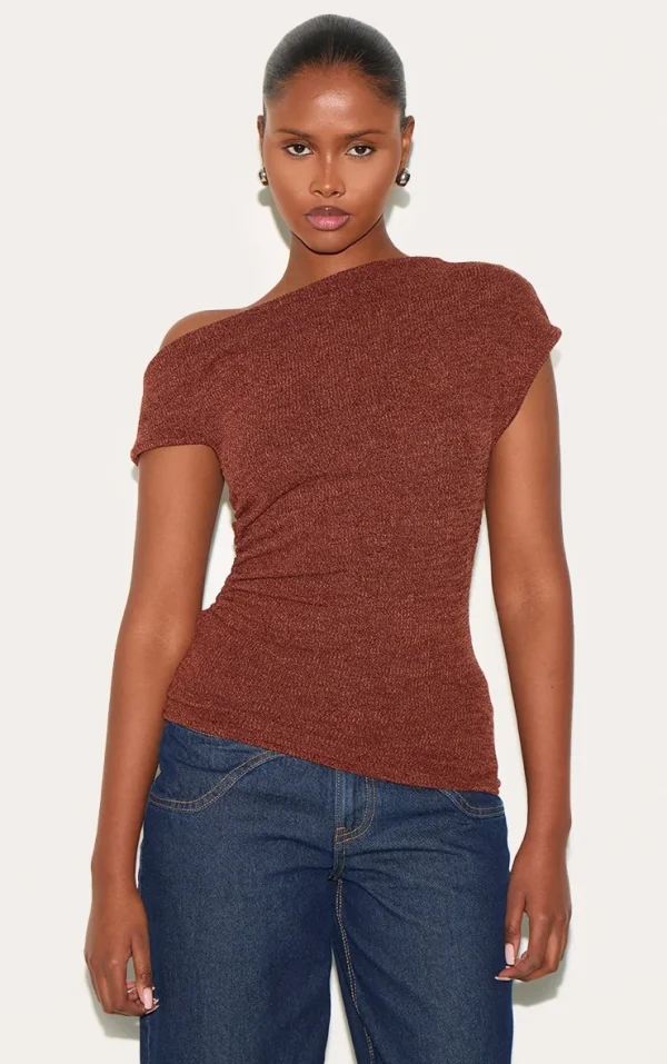 Brown Textured Ruched Asymmetric Longline Top