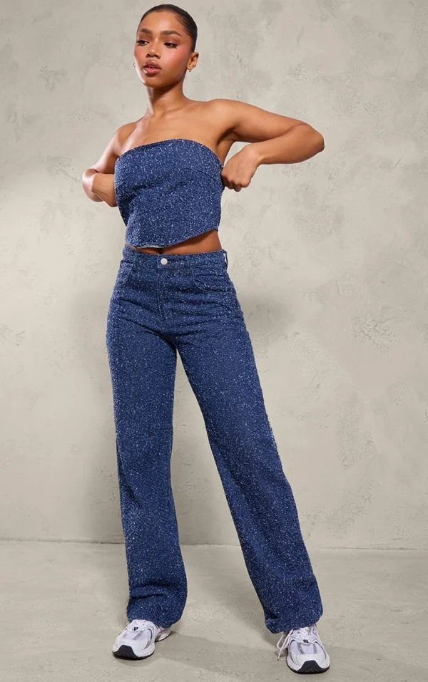 Indigo Bobble Denim High Waist Wide Leg Jean