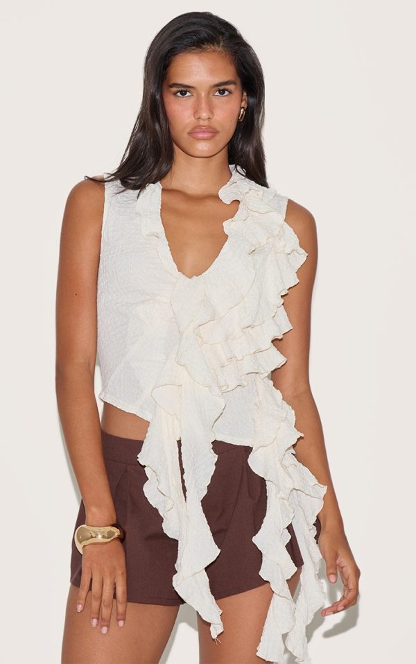 Cream Textured Ruffle Asymmetric Long Top