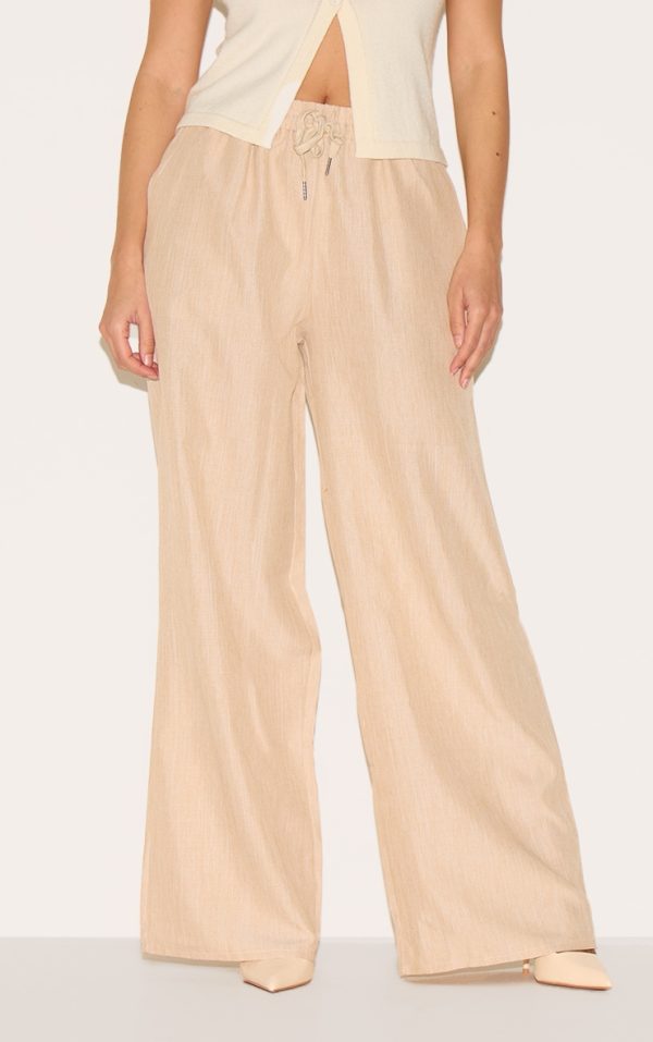 Oatmeal Marl Linen Look Wide Leg Drawstring Pants