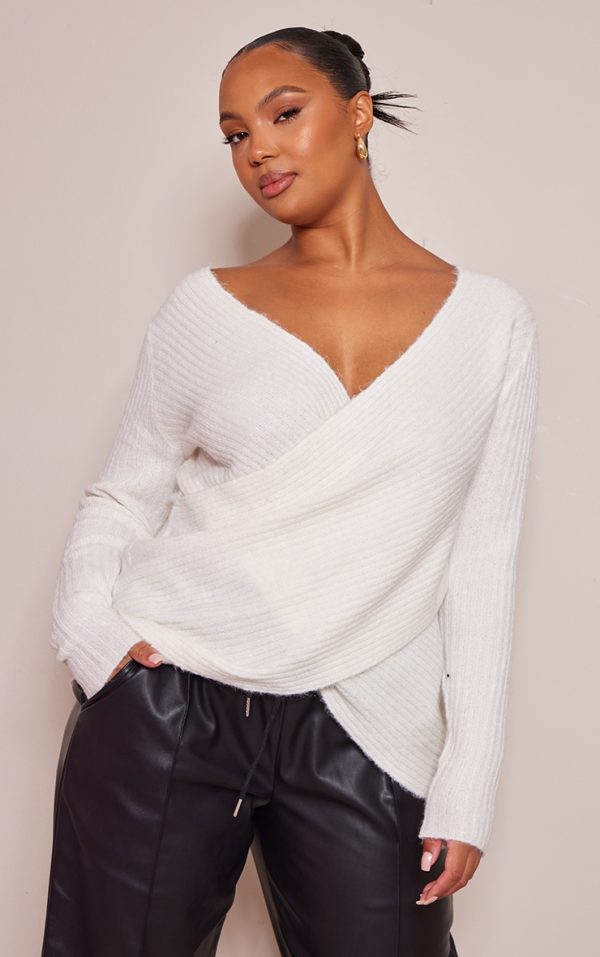 Plus Cream Soft Knit Wrap Sweater