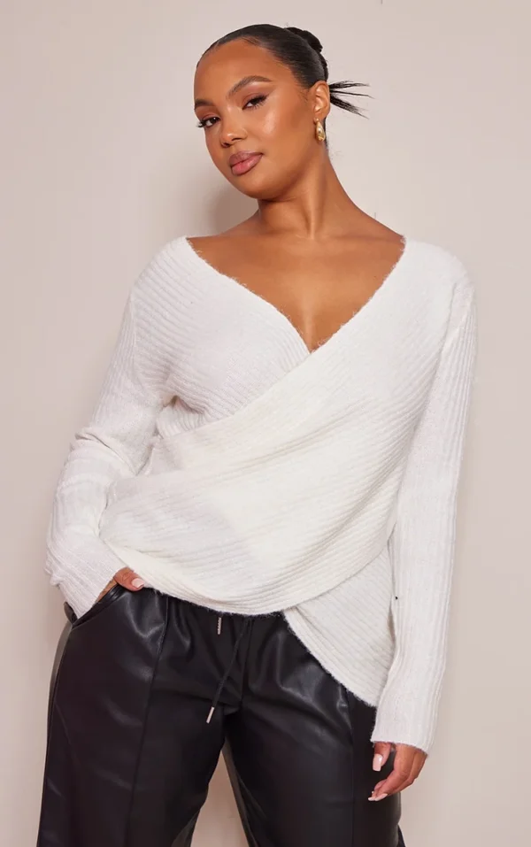 Plus Cream Soft Knit Wrap Sweater