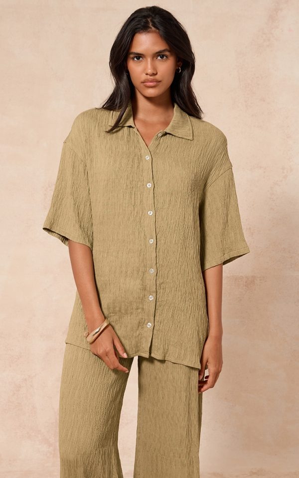 Chartreuse Textured Woven Oversized Short Sleeve Shirt