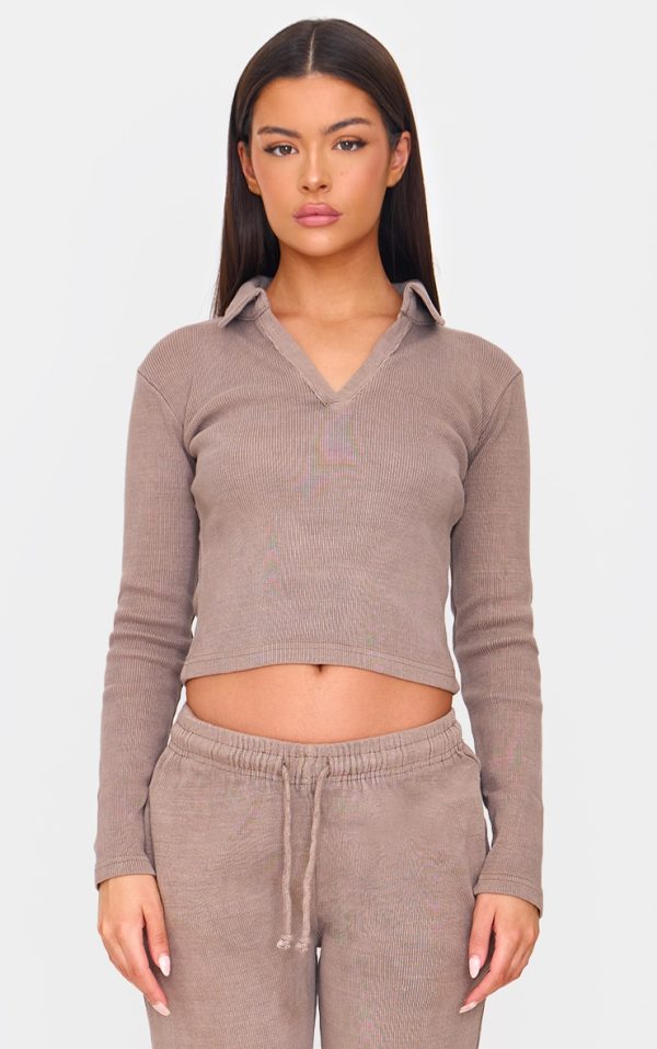 Taupe Washed Ribbed V Neck Fitted Long Sleeve Top