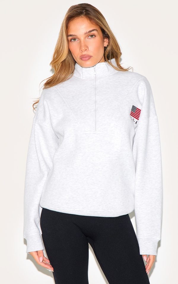 Ash Grey Oversized Quarter Zip Usa Sweatshirt