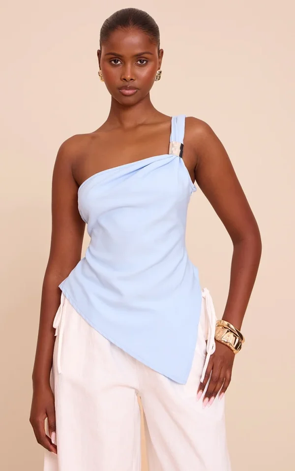 Sky Blue Asymmetric One Shoulder Trim Detail Long Top