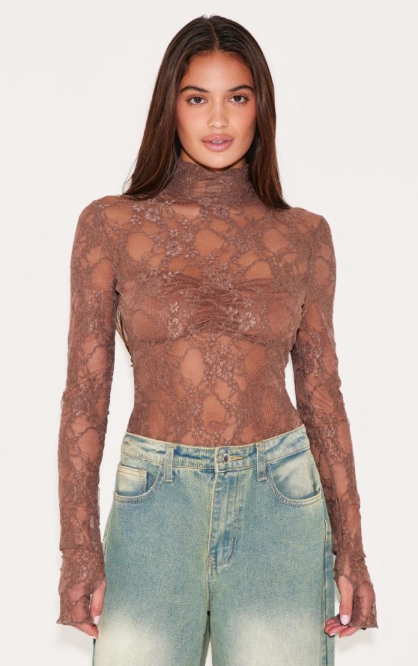 Brown Lace High Neck Long Sleeve Bodysuit