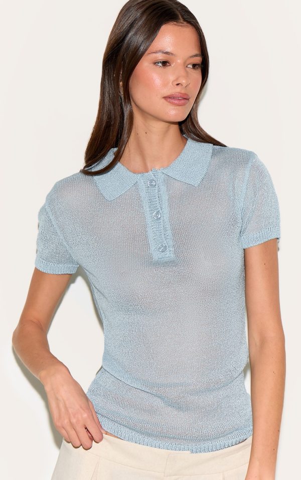 Light Blue Sheer Knit Polo Top