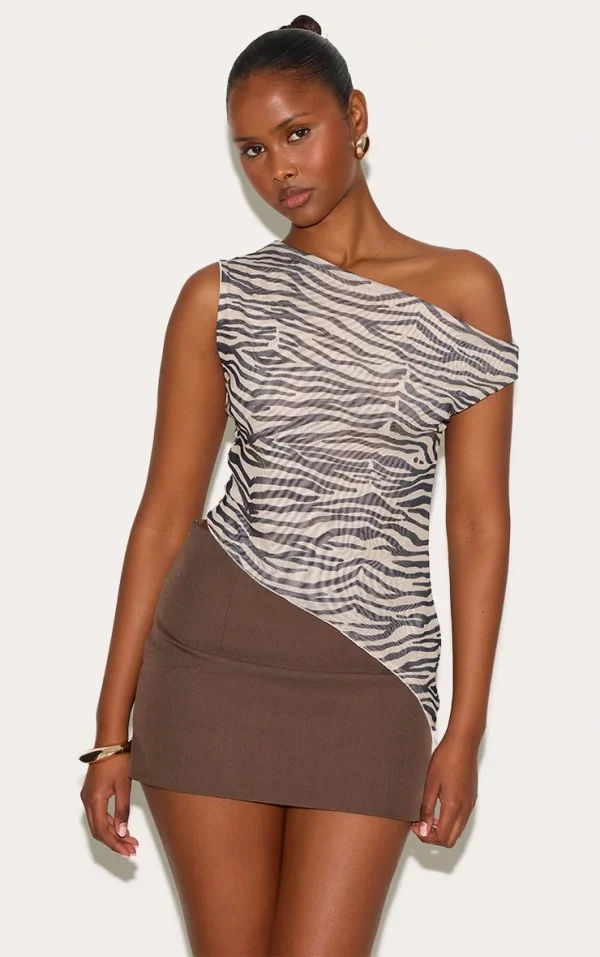 Black Zebra Print Double Layer Asymmetric Neck Mesh Top