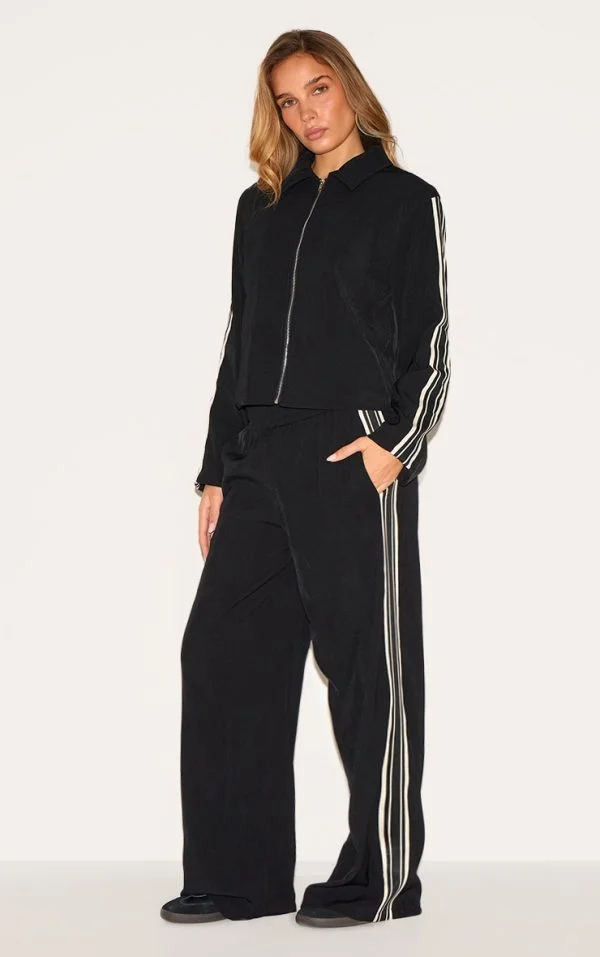 Black Side Stripe Woven Wide Leg Pants
