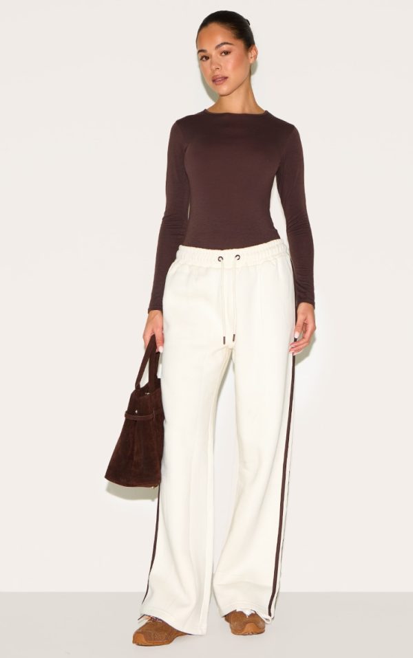 Cream Wide Leg Tape Detail Sweatpants