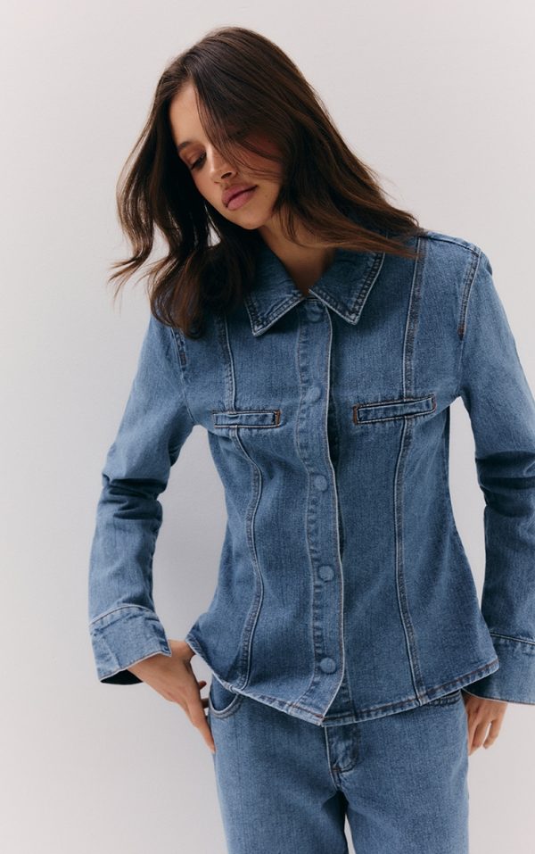 Mid Blue Wash Cinched Waist Seam Detail Long Sleeve Shirt