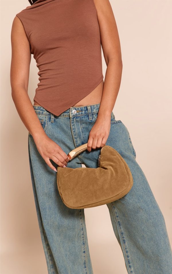 Tan Faux Suede Gold Abstract Handle Hand Bag