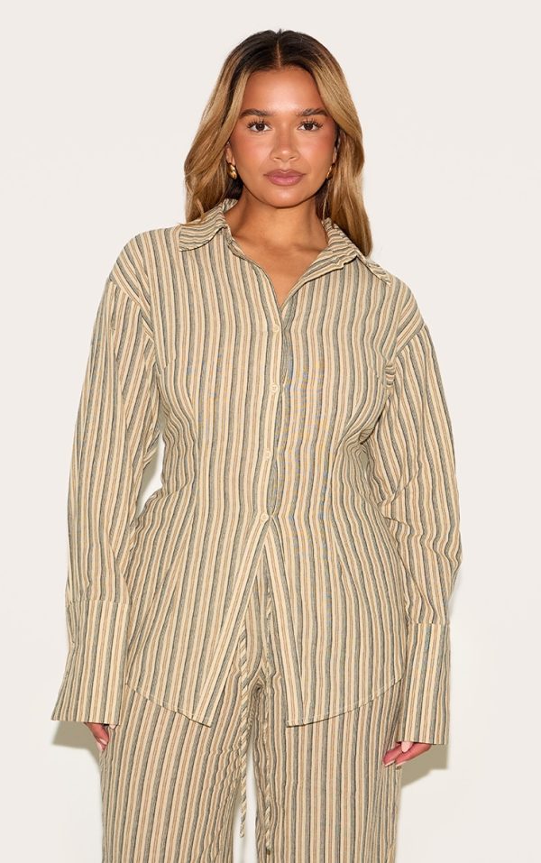 Shape Olive Striped Lace Up Cinched Back Button Front Shirt