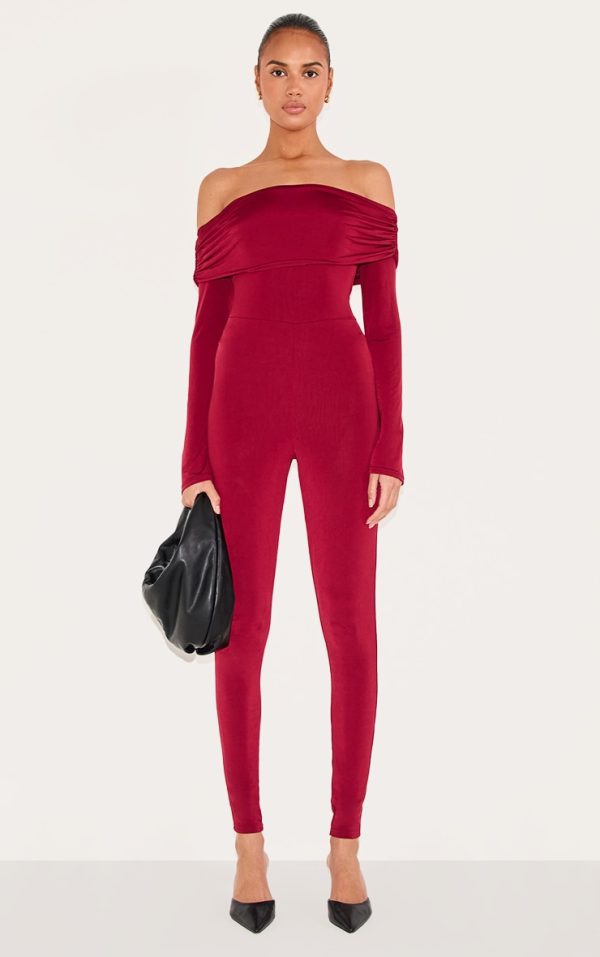 Burgundy Double Layer Slinky Bardot Skinny Jumpsuit