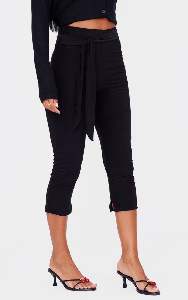 Black Double Layer Wrap Waist Capri Leggings