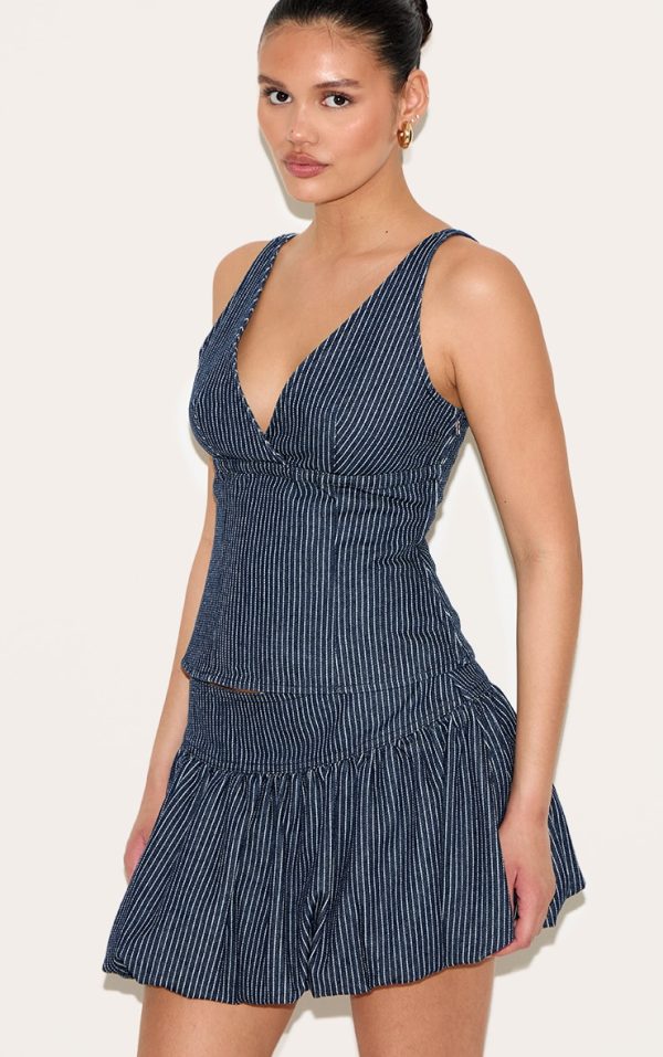 Navy Pinstripe Plunge Denim Top
