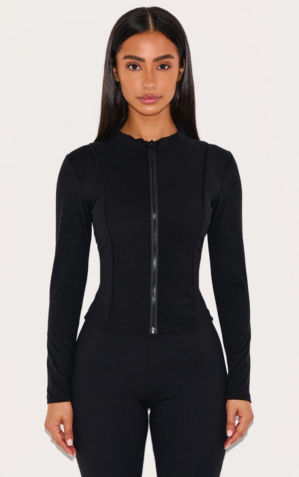Petite Black Snatched Sculpt Seam Detail Zip Up Top