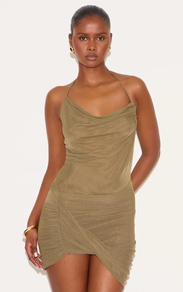 Olive Mesh Ruched Halter Neck Mini Dress