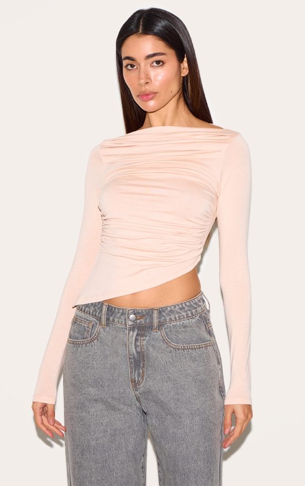Cream Ruched Detail Asymmetric Hem Long Sleeve Top