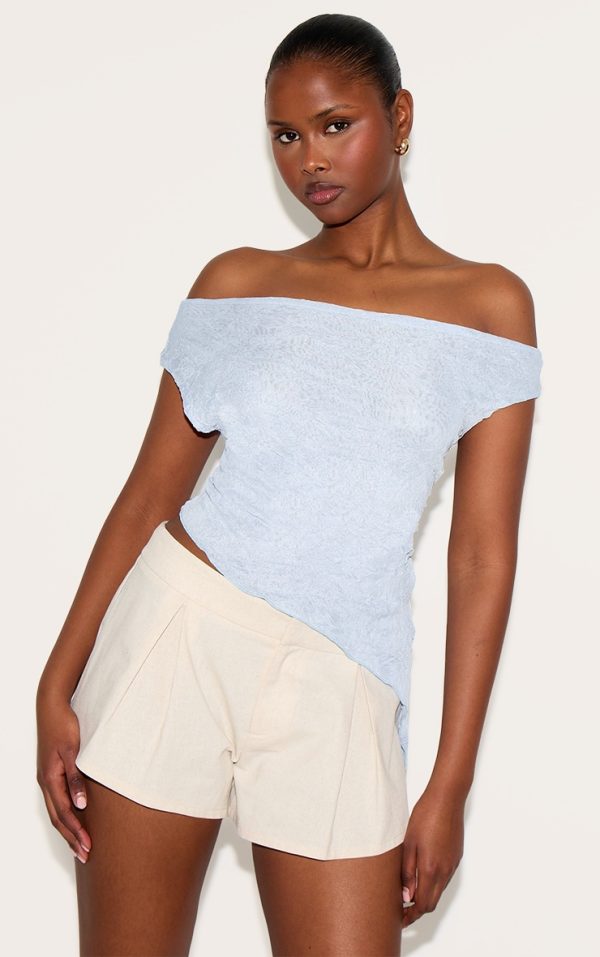 Sky Blue Crinkle Mesh Asymmetric Neck Top