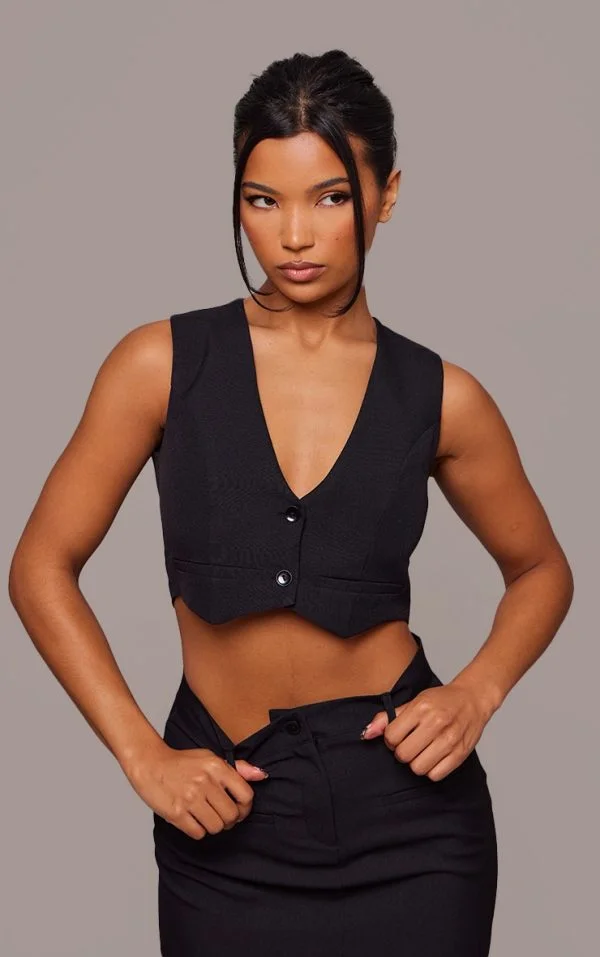 Black Tailored Cropped Seam Detail Vest